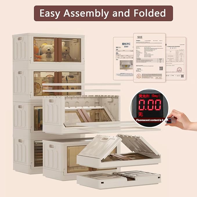 19Gal Collapsible Storage Bins with Lids & Wheels - 4 Pack Stackable with Doors, Heavy-Duty Plastic Cabinet for Home/Office, Milk White