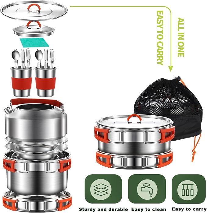 304 Stainless Steel Camping Cookware Set - Mess Kit with Pots, Pans, Kettle, Plates, Forks, Knives, Spoons for 2 People, Perfect for Camping, Picnic, RVs