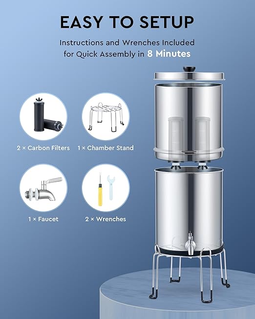CO-Z Gravity Fed Water Filter System, Stainless Steel Gravity Water Purifier with 2 Carbon Filters, 2.25 Gal Countertop Water Filtration System, Chamber Stand & Water Spigot, NSF/ANSI 42 Certification