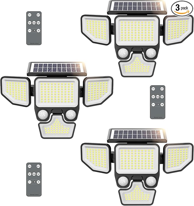 3000LM Solar Lights Outdoor, 4 Heads Solar Security Lights with Remote Control, 180 LEDs IP65 Waterproof Motion Sensor Lights 3 Modes Flood Lights for Wall, Porch, Yard, Outside, 3 Pack