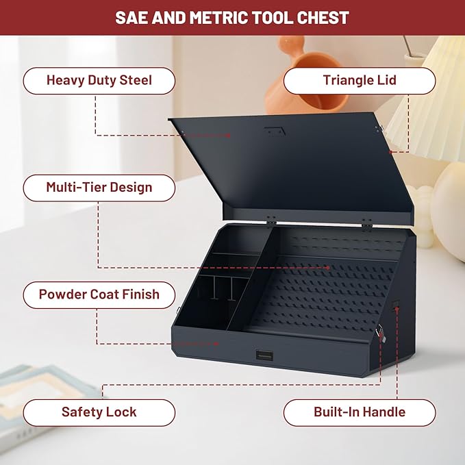 Portable Weather-Resistant Triangle Steel Toolbox with Lock, 16-Gauge Multi-Tier SAE & Metric Chest, Pull-Out Drawer for Truck, 36.8"W x 17.5"D x 21.6"H