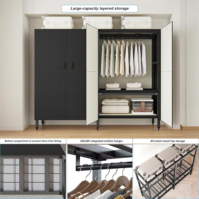 FPIGSHS Heavy Duty Clothes Rack with Magnetic Door 2000LBS Foldable Portable Wardrobe Closet for Hanging Clothing Rolling Garment Rack on Wheels for Bedroom Closet System (A（Black Door）, 49.2in)