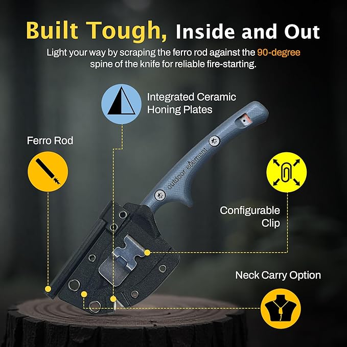 Contour Feather Survival and Culinary Knives – VG10 Steel Fixed Blade with Fire Starter, Hex Driver, Knife Sharpener, Sheath & Built in Whistle - Built For Camping & Outdoor Adventure