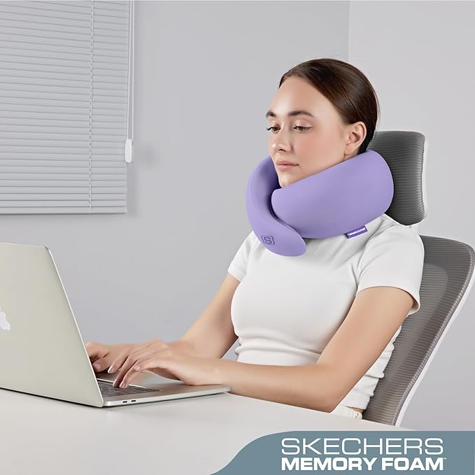 Skechers Memory Foam Travel Pillow,Comfortable & Breathable Airplane Travel Essential, Neck Pillow for Travel, Car Rides, Home, and Office Use, Ergonomic Design for Men and Women,Purple