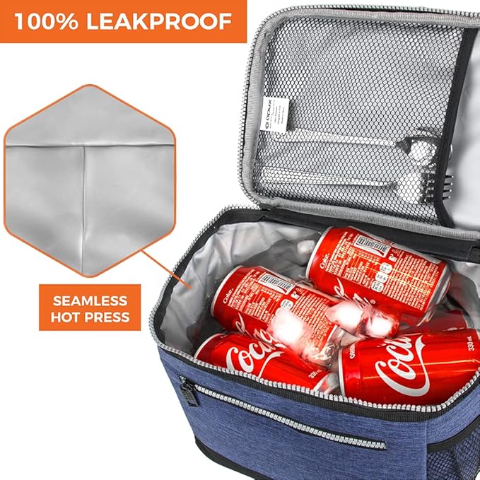 opux Insulated Lunch Box Men Women, Lunch Bag for Work School, Leakproof Soft Cooler Tote Adult, Large Lunch Pail Kids Boys Girls, Picnic Beach Food Bag with Shoulder Strap, Heather Navy