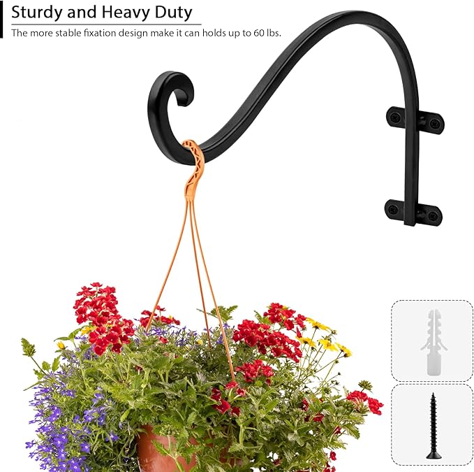 6 Pack Heavy Duty Hanging Plant Bracket, 12 inch Plant Hangers Outdoor, Brackets for Hanging Plants, Black Plant Hanger Bracket for Plants, Baskets, Bird Feeders, Lanterns, and Wind Chimes