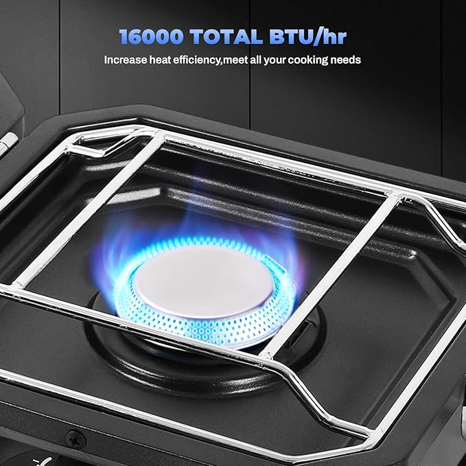 Adjustable 2 Burner Portable Camping Stove Propane (16000 BTU) with Camping Grill and Carrying Bag, Folding Propane Stove,Gas Camping Stove with Piezo Ignition for Camping, Backyard BBQ, Black