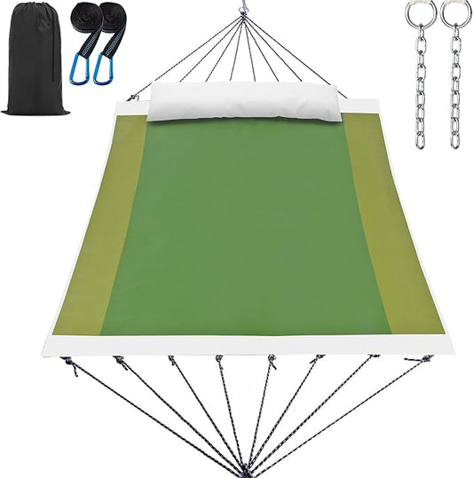 14ft Two Person Outdoor Hammock, Portable Camping with Folding Steel Spreader Bar, Carrying Bag, Carabiners, Tree Straps, Pillows, Quick Dry Textilene Fabric, 550 lbs Capacity (Jungle Green)