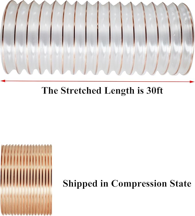 JUYO VONSAN 4 inch PU Heavy Duty Flex Hose - 30ft Clear Dust Debris Collector Hose With Clamps