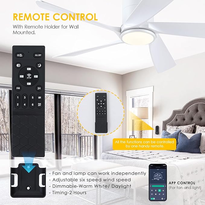 54" Flush Mount Ceiling Fan - White Low Profile Ceiling Fans with Lights and Remote/APP, 6 Speeds and Reversible 5 Fan Blades, Indoor Modern Ceiling Fan LED Light for Bedroom, Living Room