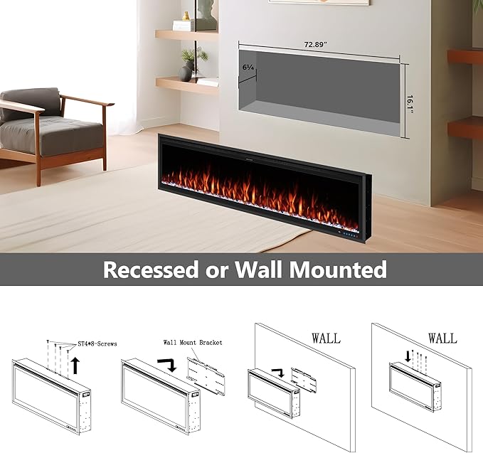 Benrocks 74'' Slim Electric Fireplace Inserts - WiFi-Enabled, Alexa & App Control, Recessed & Wall Mounted, 13 * 13 * 3 Flame Color Combinations, 750W/1500W, Black