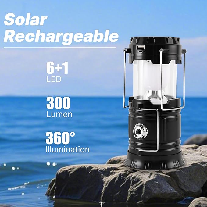 Lichamp Collapsible Portable Solar Camping Lantern, USB Rechargeable LED Flashlight - Survival Kits for Power Outages Hurricane Supplies Emergency, Indoor & Outdoor, 4-Pack