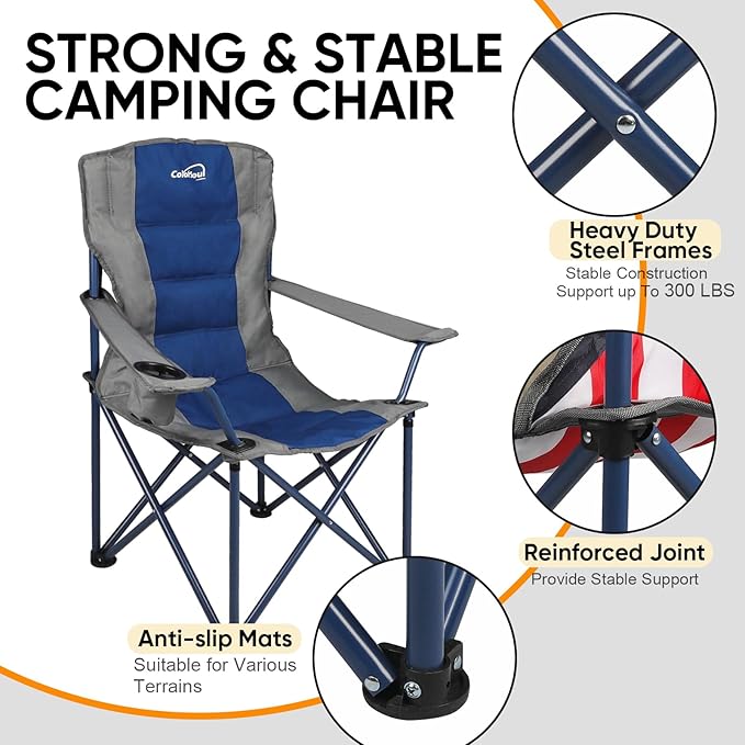 Colorsoul 2 Pack Folding Camping Chairs, Outdoor Lawn Chair Set of 2, Padded Camping Chairs w/Cup Holder & Carry Bag for Sports Garden Beach Terrace, American Flag
