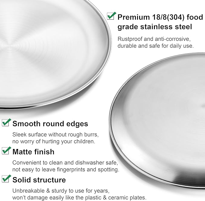 Homikit Stainless Steel Kids Plates Set of 4, 8 Inch 304 Metal Dinner Plates for Kids Toddler Children, 4-Piece 18/8 Non Toxic Dinner Dishes Set for Serving Camping, Dishwasher Safe & Reusable