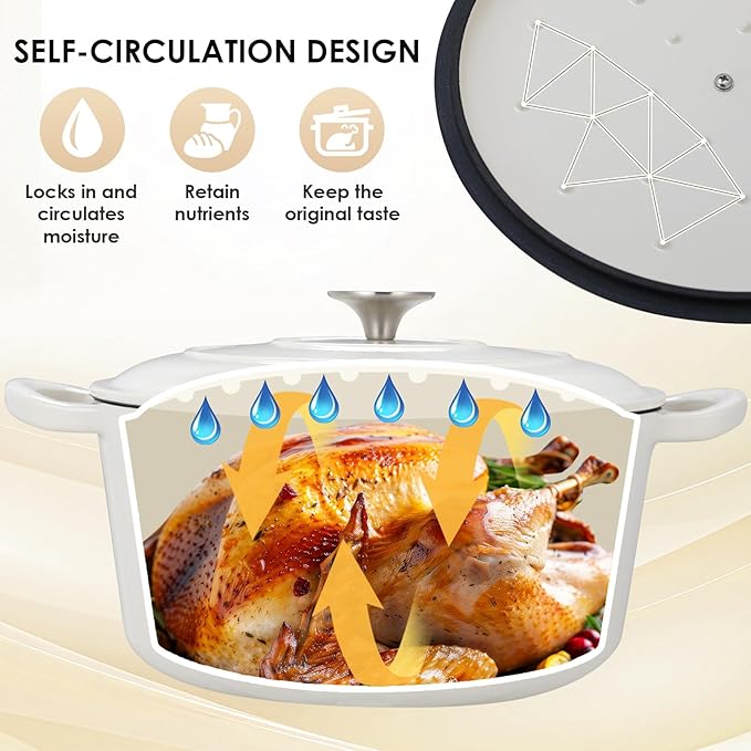 LIFERUN 6 Qt Enameled Cast Iron Dutch Oven Pot with Lid，Oven Safe up to 500° F, Non-Stick Dutch Oven with Dual Handles for Bread Baking, Fry Foods, Braising, Stews, Roasting (White)