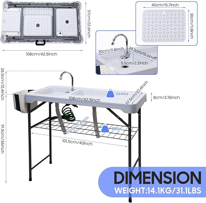Nice C Fish Cleaning Table, Fish Cleaning Table with Sink, Camping Sink, 42.5'' Camping Table, w/Dual Universal Faucet & Spray, Drainage Hoses, Grid Rack, Basket, Toolkit for Picnic, Camping