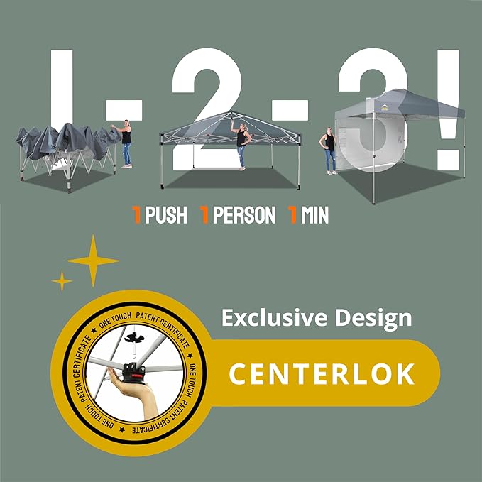 CROWN SHADES 10x10 Pop Up Canopy with 1 Side Wall - Beach Tent with One Push Setup - Outdoor Sun Shade for Events, Parties, Camping - Gazebo with STO-N-Go Cover Bag (Grid Grey)