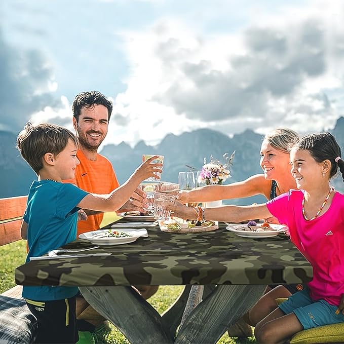 Picnic Table Cover with Bench Covers Elastic Edges, Camouflage Camper Fitted Table Cover, Outdoor Camping Essentials 72 Inch 3PCS, Waterproof Camping Fitted Tablecloth with Drawstring Bag