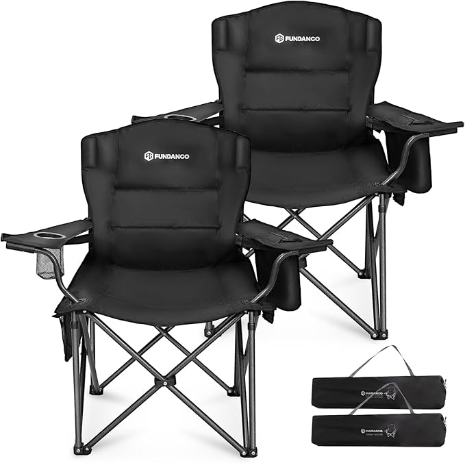 FUNDANGO Oversized Camping Chair for Adults, 2 Pack, Heavy Duty Foldable Portable Lawn Chair with Padded Seat & Back, Lumbar Support, 4-can Cooler & Cup Holder, Carry Bag Included for Outdoor (Black)
