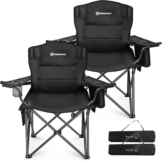 FUNDANGO Oversized Camping Chair for Adults, 2 Pack, Heavy Duty Foldable Portable Lawn Chair with Padded Seat & Back, Lumbar Support, 4-can Cooler & Cup Holder, Carry Bag Included for Outdoor (Black)
