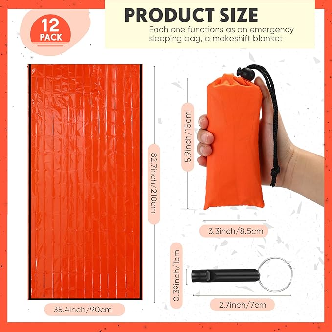 Qunclay 12 Set Emergency Sleeping Bag Survival Bivvy Sack Blanket with Whistles Lightweight Portable Thermal Survival Bag Thick Tent with Hood Extension Nylon Stuff Sack