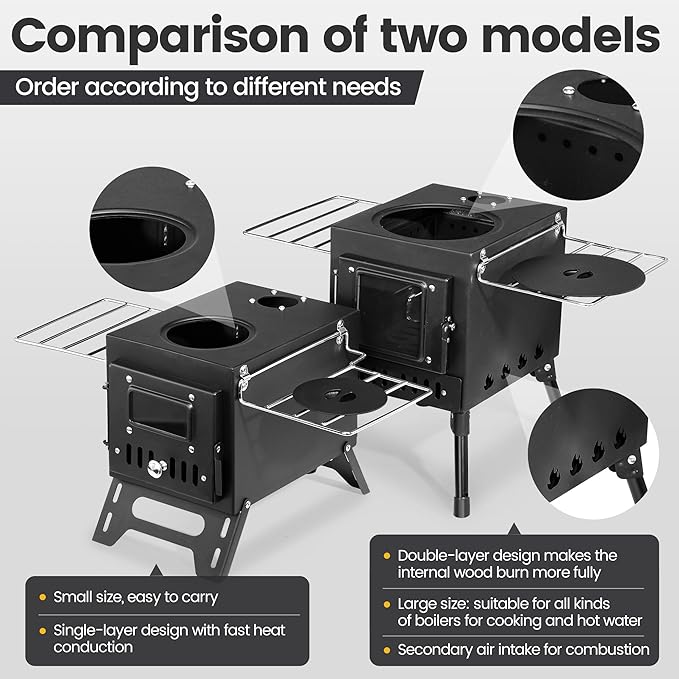 Wood Burning Stove, Wood Stove With Chimney Pipes, Small Camping Wood Stove With Anti-Spark and Adjustment Pipe for Hunting,fishing,Cooking,Heating,Drying Clothes double-layer Hot Tent Stove