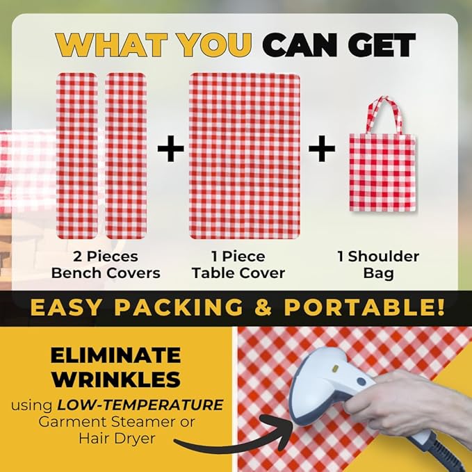 RNOONY Vinyl Fitted Picnic Table Cover with Bench Covers and Bag, 6ft Outdoor Waterproof Picnic Tablecloth with Elastic Edges, 72x30 Inches 3 Pcs Set (Red Checkered)