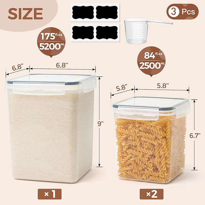 ComSaf Flour Sugar Storage Containers Set of 3 (5.2L/175oz) (2.5L/84oz*2), Large Airtight Food Storage Containers with Lids, Plastic Canisters Sets for Kitchen, Pantry Organizers for Rice and Baking