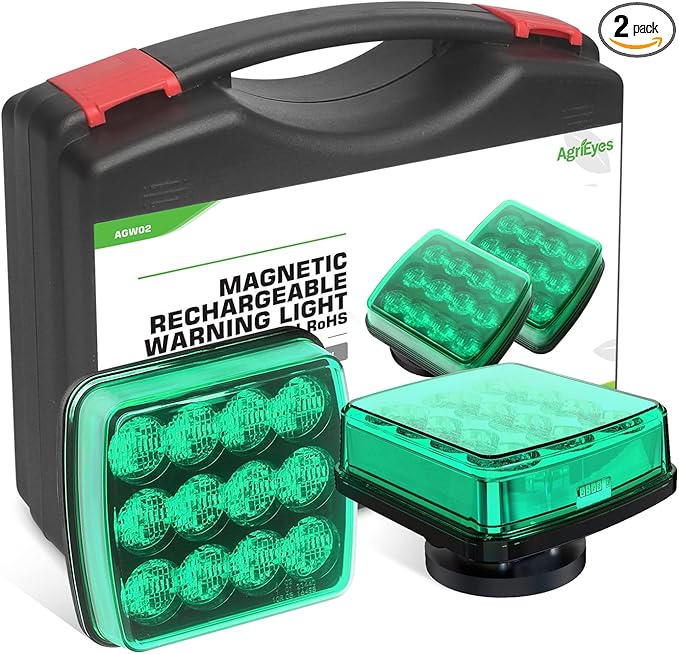 Agrieyes 2Pcs Wireless Emergency Strobe Lights for Trucks,Vehicles, Rechargeable Led Beacon Lights with Super Magnetic, Plow Flashing Hazard Warning Light for Tractor,Automotive, Boat (Green)