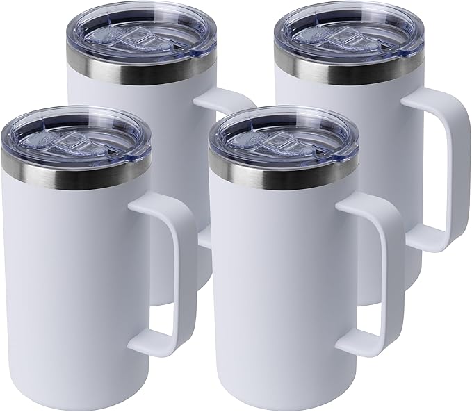 DOMICARE 24oz Mug with Handle and Lid, Stainless Steel Coffee Mug, Travel Mug with Handle, Double Wall Vacuum Coffee Tumbler, Reusable Insulated Cup, White, Pack 4