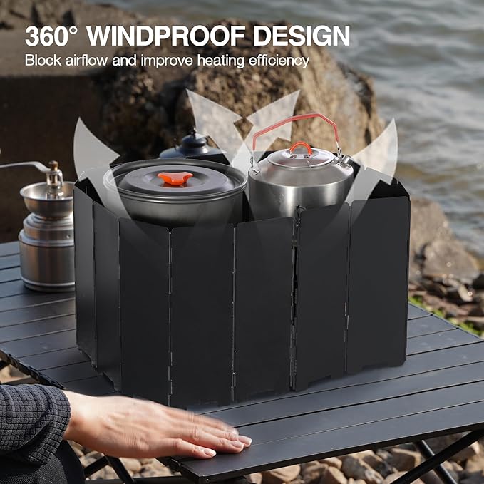 REDCAMP 9.5" High Folding Outdoor Stove Windscreen, 16 Plates Aluminum Camping Stove Windshield with Carrying bag, Lightweight Butane Burner Windshield, Black