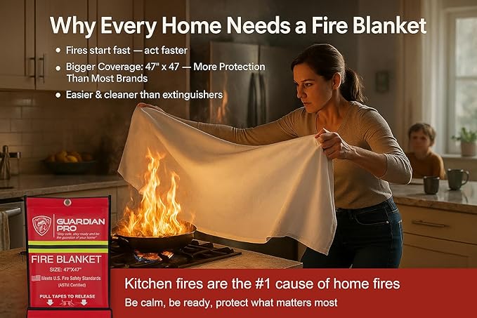 Guardian Pro New 2025 Emergency Fire Blanket for Home and Kitchen - 4 Pack Over 40"x40" Flame Suppression Fiberglass Fire Blankets for House Camping Car Office Warehouse Emergency Survival Safety