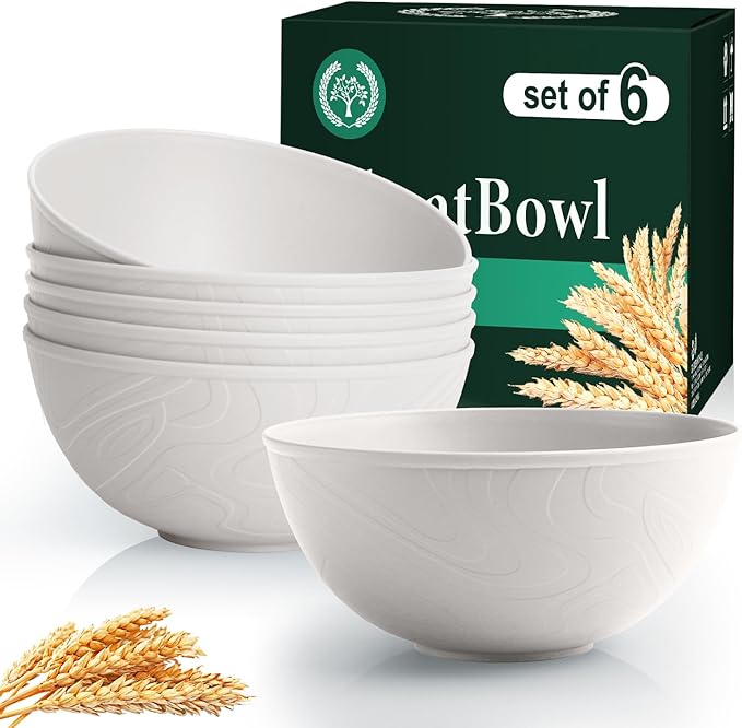 Homienly Wheat Straw Bowls with Unique Texture Design, 40 OZ Salad Bowls for Kitchen, Camping, Unbreakable Microwave and Dishwaher Safe Bowl Set, Stackable Cereal Bowl for Serving, Ramen-White