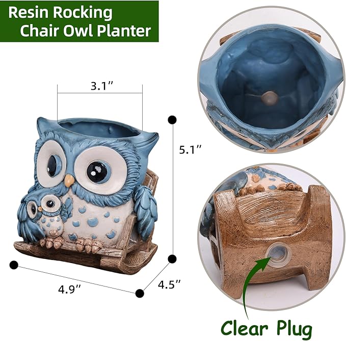 Unique Owl Plant Pots Indoor, Cute Small Succulent Pots with Drainage Hole, Rocking Chair Planters for Outdoor Indoor Plants, Resin Flower Pot for String of Pearls, Gift Ideas for Mother