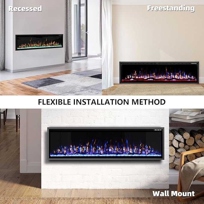 BREEZEHEAT 72 Inch Electric Fireplace-Recessed & Wall Mounted Linear Fireplace-750/1500W Heater w/Temperature Control, Log & Crystal Options, Adjustable Flame, Remote Control