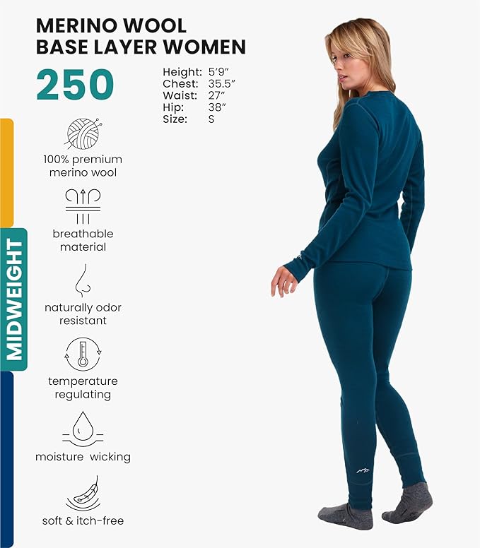 Merino.tech Merino Wool Base Layer Women Set - Heavyweight, Lite, Midweight Merino Thermal Underwear For Women Top, Bottom
