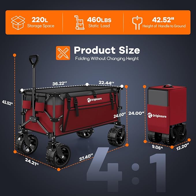 220L Collapsible Wagon Cart Foldable, 460LB Load Capacity Heavy Duty Folding Beach Wagons with Big All-Terrain Wheels, Utility Carts for Groceries, Shopping, Camping, Sports - Grey&Burgundy