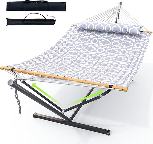 Double Hammock with Stand for Outdoor, Heavy Duty Portable Hammock with Adjustable Steel Stand for Patio, Garden, Beach, Backyard - Includes Carrying Bag,Round Gray