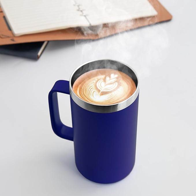 DOMICARE 24oz Mug with Handle and Lid, Stainless Steel Coffee Mug, Travel Mug with Handle, Double Wall Vacuum Coffee Tumbler, Reusable Insulated Cup, Dark Blue, Pack 8