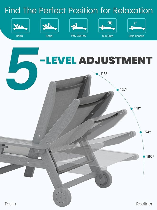 SERWALL Patio Chaise with 5 Positions - Textilene Outdoor Lounge Chair, Rolling Wheels - Poolside, Deck, Grey