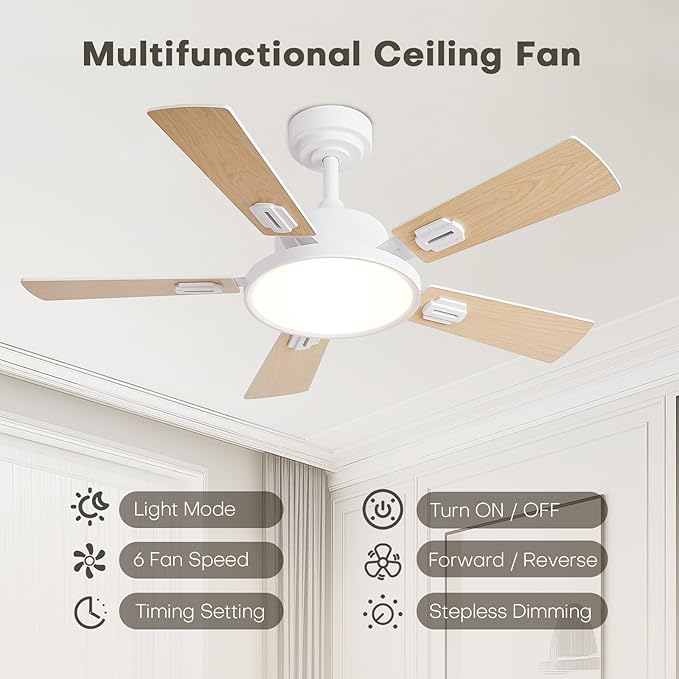 42" Ceiling Fans with Lights Remote Control, White Ceiling Fan with Dimmable LED Light 3CCT, 6 Speeds Reversible Wood Ceiling Fan Light for Bedroom, Farmhouse, Garage, Indoor Use