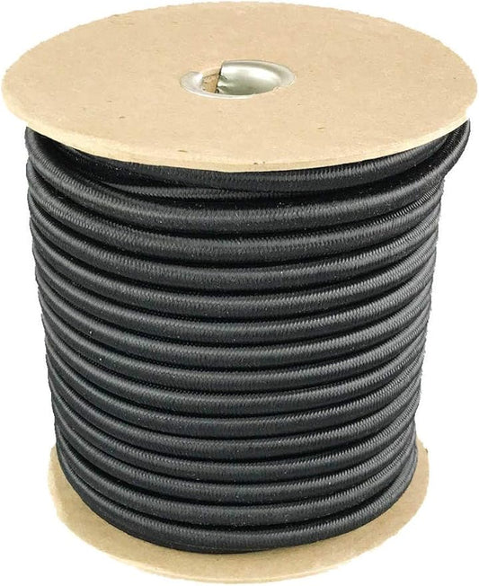 Elastic Bungee Cord. 3/16", 3/8", 1/4", 5/16", 1/8". 50 and 100 Foot Spools. Weather and Abrasion Resistant. Used for Tie Downs, Crafting, DIY Projects. Black Shock Cord. Made in the USA