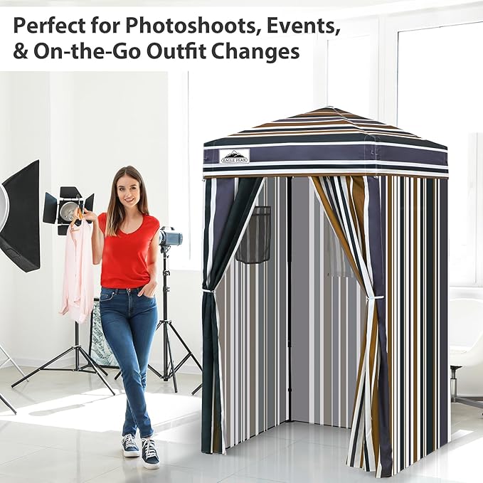 EAGLE PEAK Flex Ultra Compact 4x4 Pop-up Canopy, Sun Shelter, Changing Room, Portable Privacy Canopy Cabana for Pool, Fashion Photoshoots, or Camping, Brown Stripe