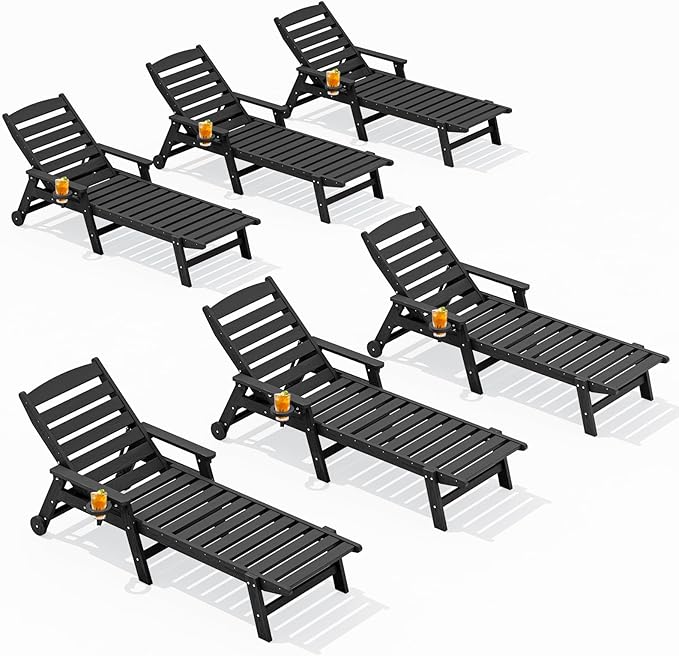 SERWALL Patio Chaise Lounge Chair Set of 6, 5 Positions Adjustable Poly Outdoor Lounge Chair for Pool, HDPE Lounge Chair with Rolling Wheels & Cup Holder for Poolside, Deck, Obsidian Black