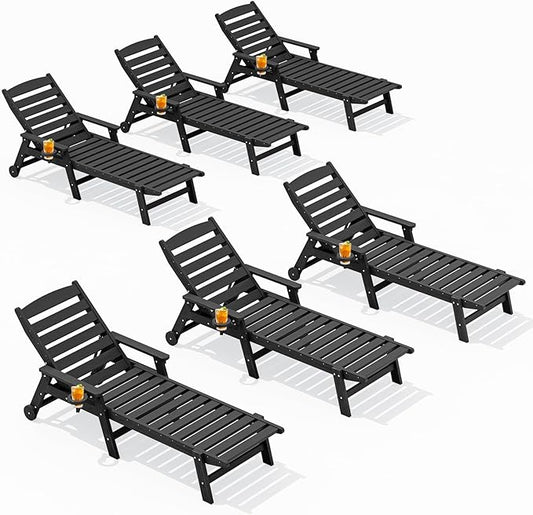 SERWALL Patio Chaise Lounge Chair Set of 6, 5 Positions Adjustable Poly Outdoor Lounge Chair for Pool, HDPE Lounge Chair with Rolling Wheels & Cup Holder for Poolside, Deck, Obsidian Black