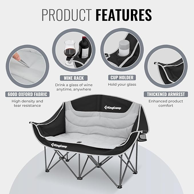 KingCamp Double Camping Chair, Oversized Heavy Duty Loveseat for Adults Portable Folding XL 2 Person Couch Padded Comfortable Two Seat with Cup Holder for Outdoor Lawn Backyard