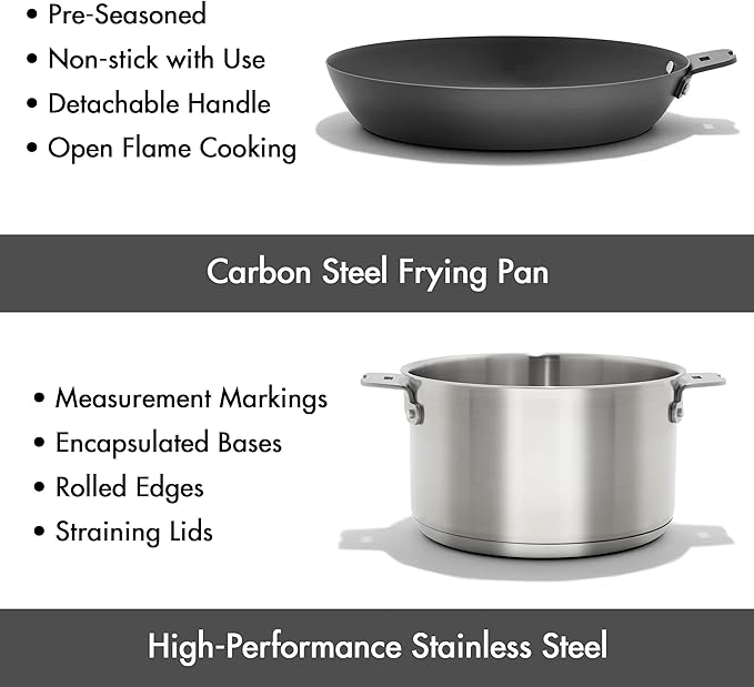 OXO Outdoor 8 Piece Camping Cookware Set, 10" Pre-Seasoned Carbon Steel Frying Pan Skillet, 2.25QT and 5QT Stainless Steel Saucepans with Lids, Removeable Handle, Trivet, Travel Bag, Space-Saving