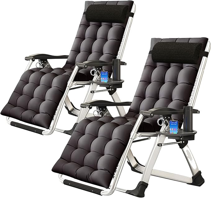 NAIZEA Padded Zero Gravity Chair, Folding Outdoor Lounge Chairs, Adjustable Reclining Camping Chairs with Cup Holder, Ergonomic Patio Lawn Chair for Balcony Beach Deck Yard