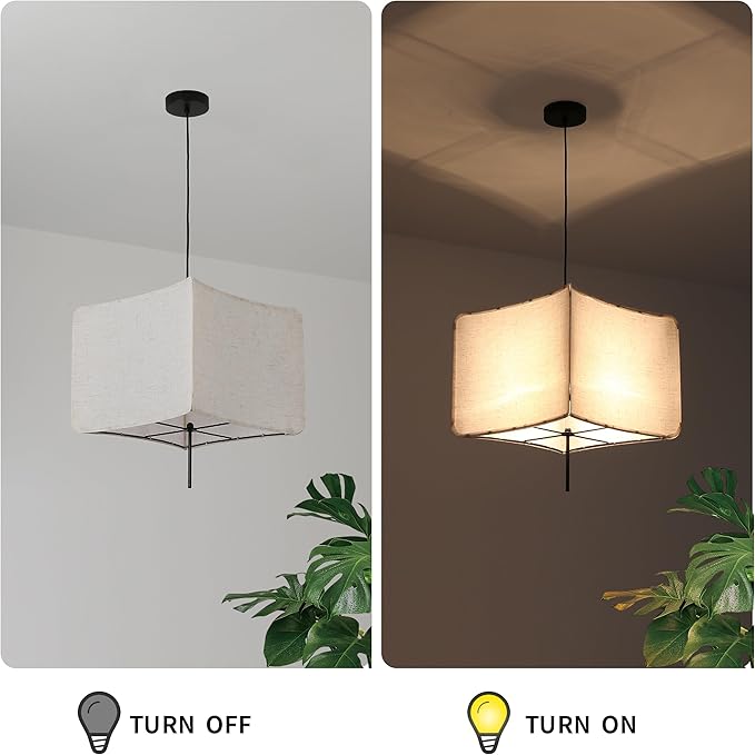 Modern Square Linen Fabric Pendant Light - 74.8??x 14.17??x 14.17?? Adjustable Hanging Light Fixture, E26 Socket (No Bulbs), Minimalist, for Kitchen, Dining Room, Bedroom, Living Room,Corner
