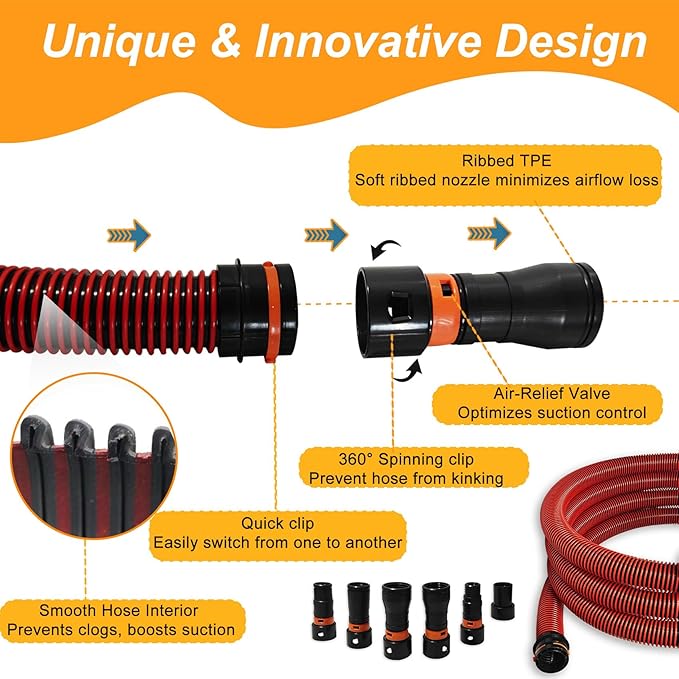 10FT Shop Vac Hose, Dust Collection Hose Kit for Home&Shop Vacuums System with 6 Adapters for Woodworking Power Tool & Sander, Compatible with festool/dewalt/bosch/ryobi/makita, etc Most Multi-Brands